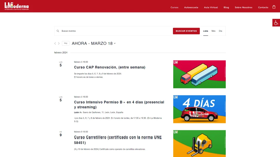 Autoescuela La Moderna - página de calendario de cursos